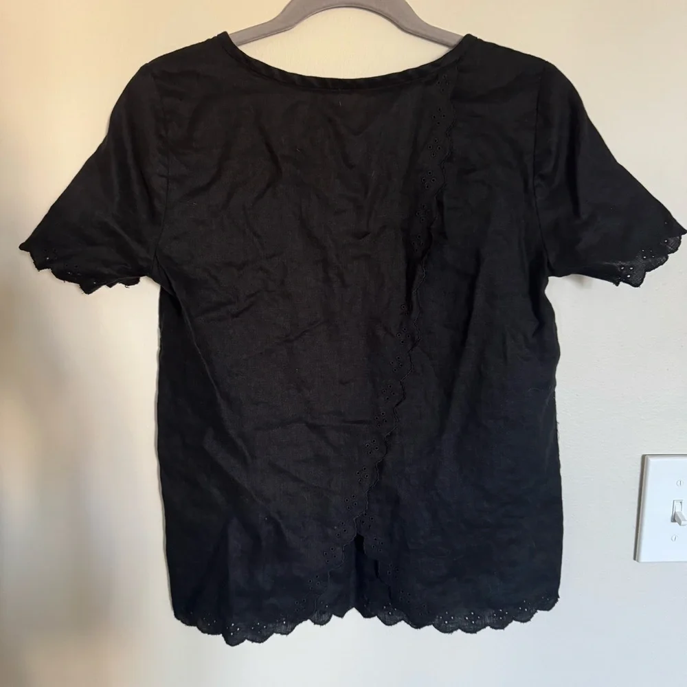 J. Crew Women Size 0 Linen Eyelet Lace Black Cross Open Back Blouse Top